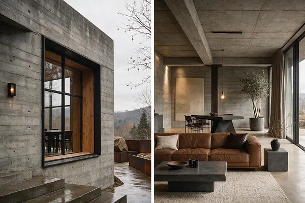 A Brutalist-style home exterior with raw board-formed concrete walls, a deep black-framed window, and heavy concrete steps in the foreground. Through the window and adjacent interior view, warm wood trim, leather seating, and expansive glass soften the otherwise austere architecture.