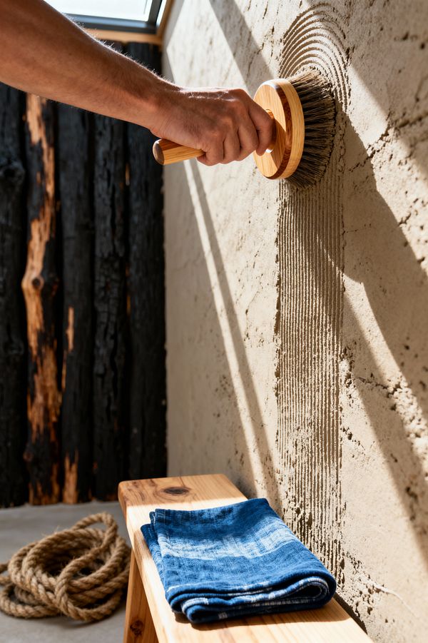 Close-up of a minimalist home gym with Japanese Zen details: a hand uses a round bamboo-handled bristle brush to rake curved grooves into a warm sand-colored clay plaster wall. Sunlight from a roof skylight throws long shadows across the textured surface. To the side, vertical planks of charred cedar form a dark backdrop. In the foreground, a simple cedar bench holds a folded indigo towel, with a coiled natural fiber rope resting on a smooth gray concrete floor.
