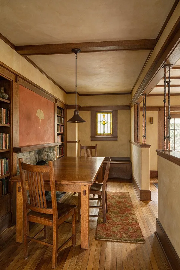 A narrow Craftsman-style dining room with a rectangular wooden table and matching slat-back chairs on a hardwood floor. Built-in bookshelves, a stone fireplace, exposed wood trim, a stained-glass window, and a hanging pendant light create a warm, handcrafted atmosphere.