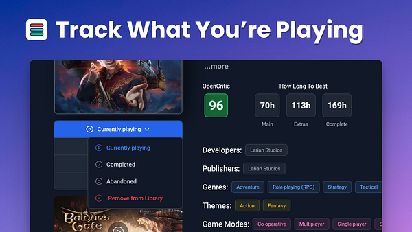 The image displays a user interface for tracking video game progress, featuring a prominent title and detailed game information.