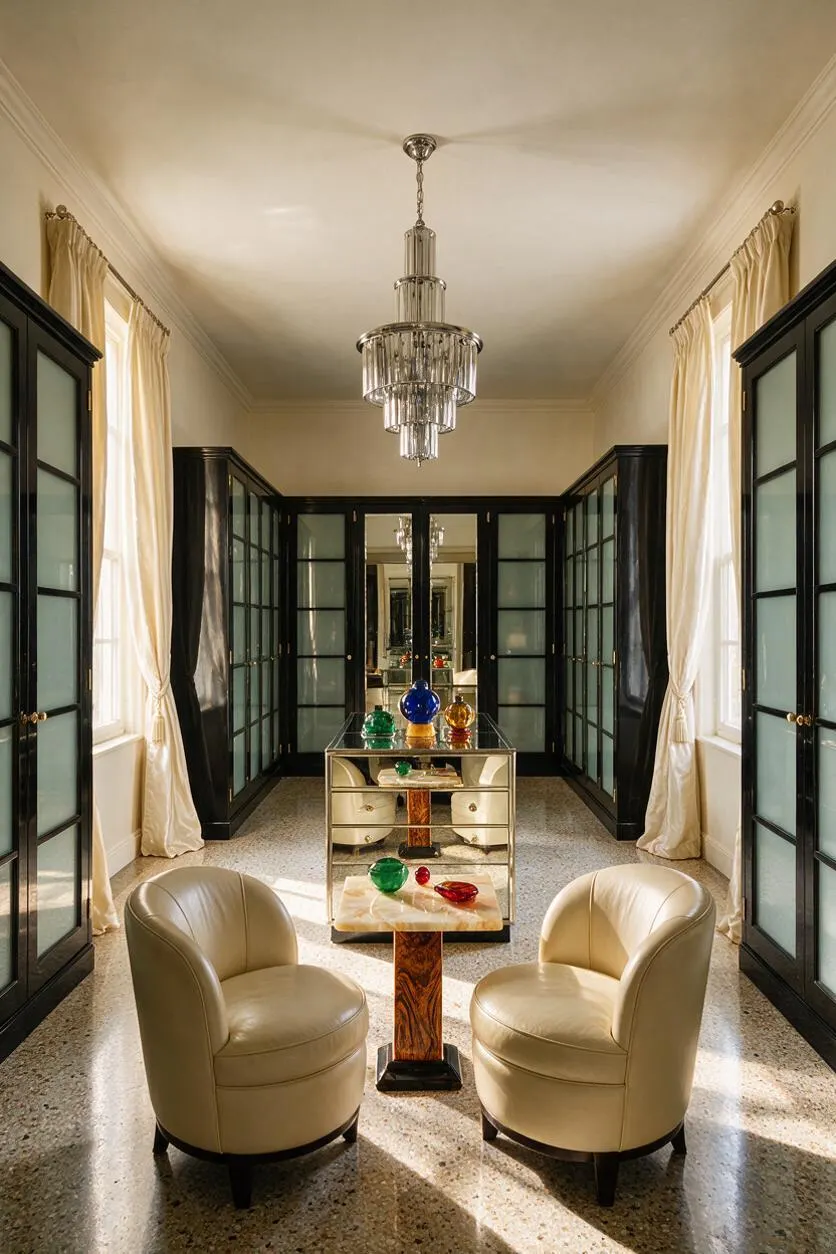 A long, narrow closet with black glass-front cabinetry lining both sides, cream curtains framing the windows, and a tiered crystal chandelier centered overhead. In the foreground, two curved cream chairs face a small table, while a mirrored console with colorful decorative glass sits near the back, creating a luxurious Art Deco look.