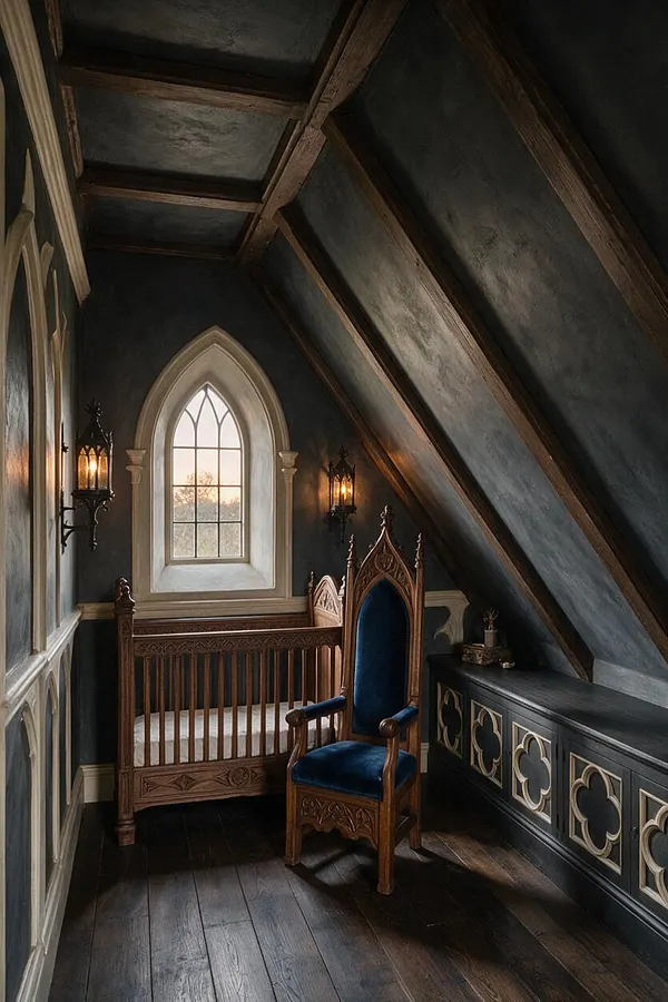 A narrow Gothic-style nursery with dark charcoal walls, a pointed-arch window centered on the back wall, and a carved wooden crib beneath it. An ornate high-backed chair with deep blue velvet upholstery sits in the foreground, while wall sconces and dark wood trim add a dramatic, cathedral-like atmosphere.
