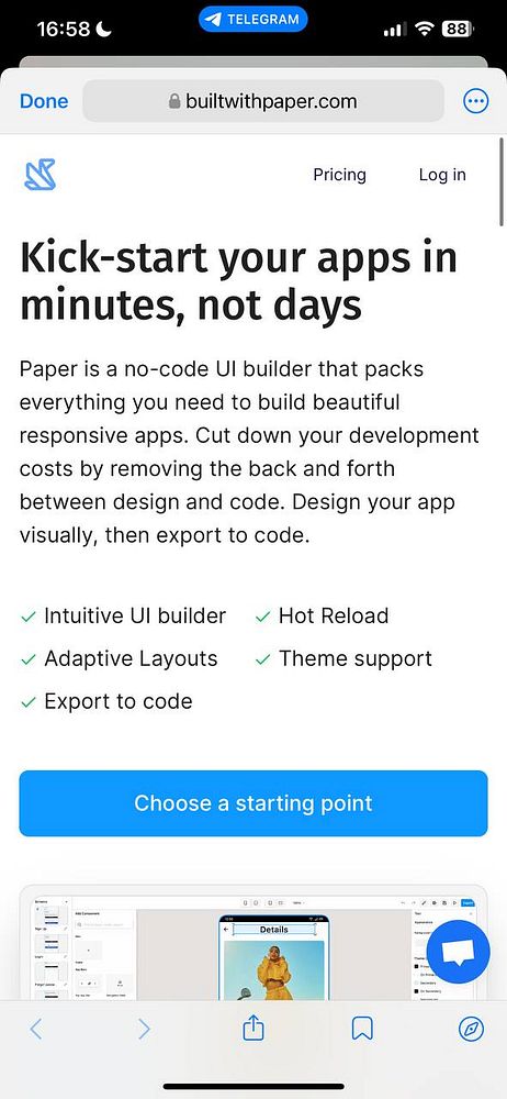 The image displays a mobile interface for a no-code UI builder called Paper.