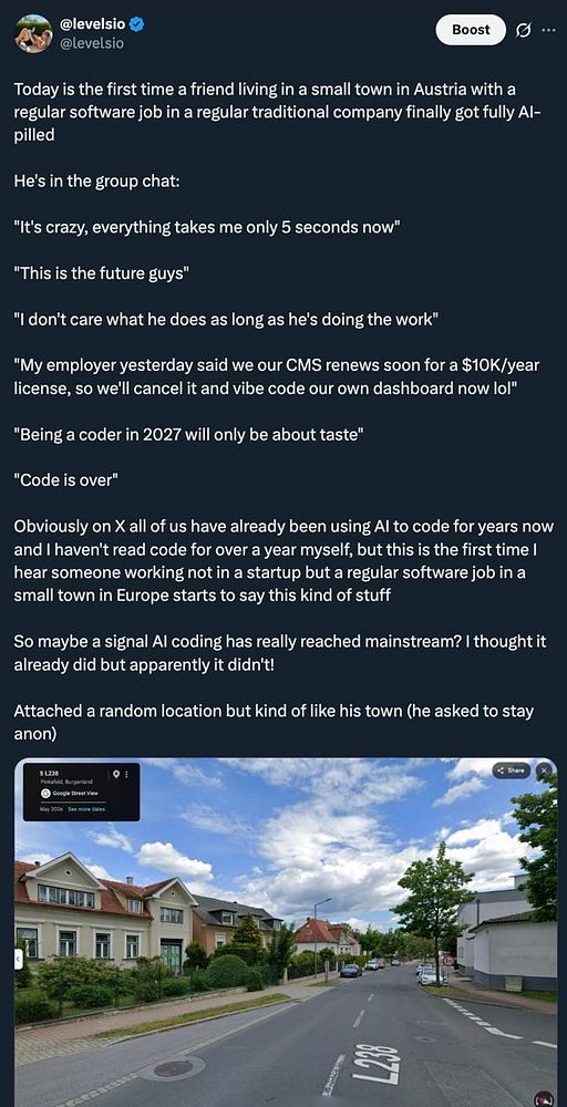 A Twitter post sharing a conversation about a coder in a traditional company embracing AI-driven coding, with an attached Google Street View image of a small town in Austria.