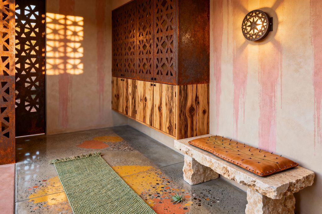A Southwestern-style mudroom features perforated corten steel screens casting geometric shadows onto blush and sand-toned plaster walls. A floating cabinet combines rusted metal doors with richly grained wood fronts above a polished concrete floor with exposed aggregate and ochre and terracotta inlays; a rough-cut limestone bench holds a cactus-stitched leather pad, a sage green woven runner lies on the floor, and a star-cut metal sconce provides warm ambient light.
