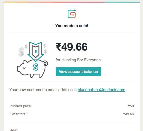 A notification confirming a sale of a book titled 'Hustling For Everyone'.
