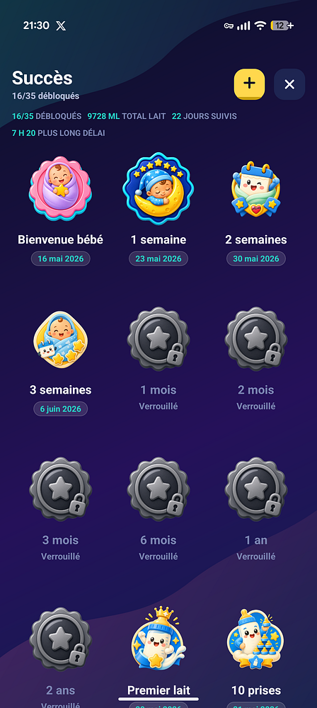Screenshot of the Biberon app showing a profile with achievement badges unlocked and a progress gauge.