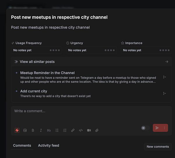 The image displays a task management interface for posting meetup announcements in a specific channel.