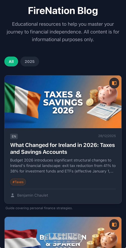 The image displays a blog interface focused on financial education, specifically about taxes and savings in Ireland for 2026.