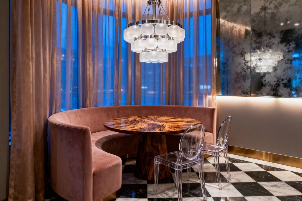 A curved blush velvet banquette wraps a round burl-wood pedestal table, accompanied by two clear acrylic chairs. Above, a tiered chandelier with frosted glass globes and polished metal reflects in an antiqued mirror wall with warm backlighting, while floor-to-ceiling taupe sheers soften blue evening light and a black-and-white checkerboard marble floor anchors the vintage-glam dining nook.