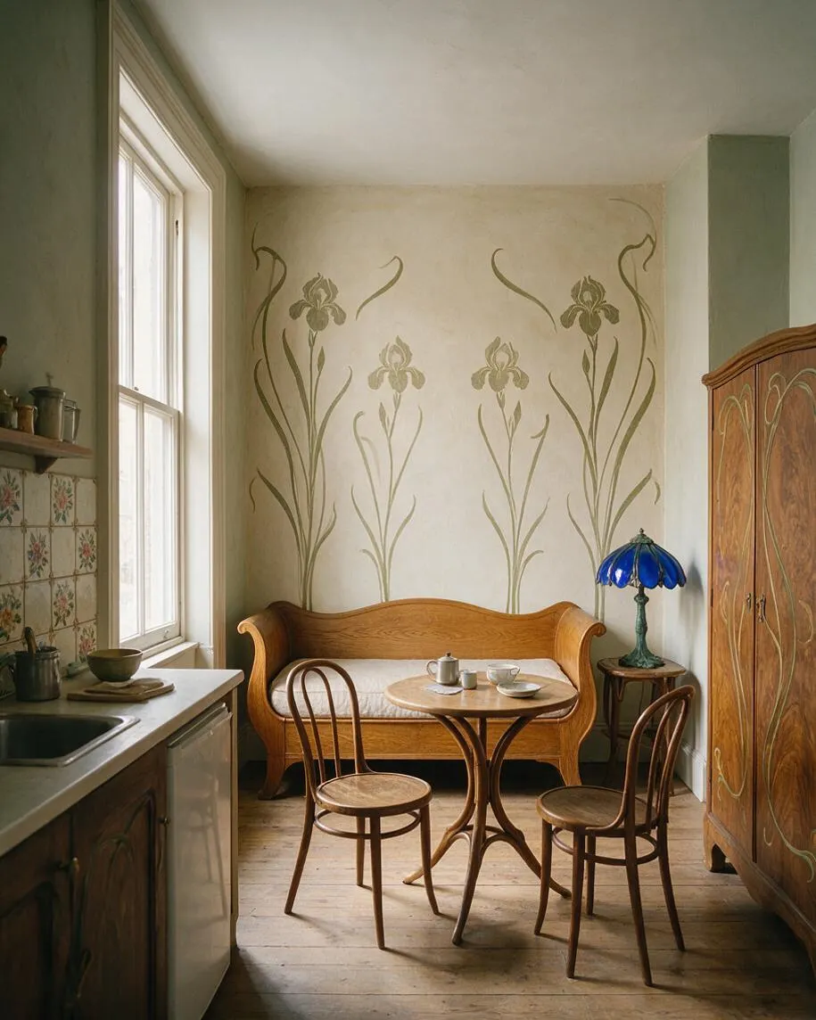 A small studio apartment corner styled in Art Nouveau fashion, featuring a curved wooden sofa against a wall painted with tall floral motifs. A round wooden table and two bentwood chairs sit on a pale wood floor, while a blue glass table lamp and a carved wooden wardrobe add vintage charm.