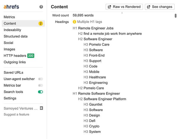 The image displays a user interface from the ahrefs tool, focusing on content metrics and heading structure.