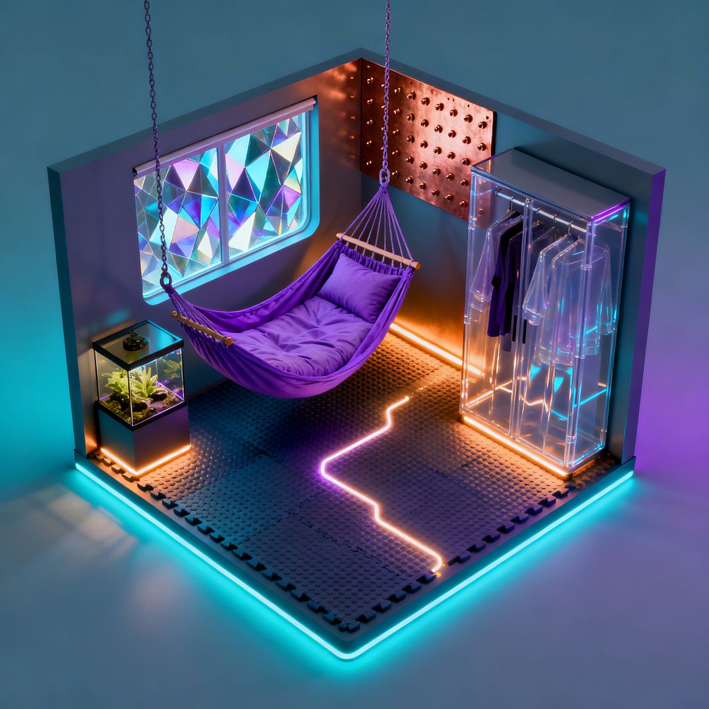 A compact cyberpunk-themed kids’ room corner with a purple hammock suspended by chains, an iridescent faceted window panel, and black interlocking floor tiles outlined by cyan LED strips and a zigzag neon line. A clear acrylic wardrobe with amber base lighting displays translucent hangers. A copper stud wall adds industrial texture, and a small glass terrarium on a black plinth glows from below, all lit in teal, violet, and orange tones.
