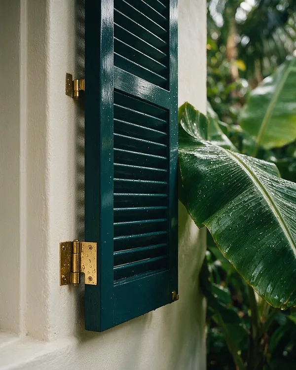 A close-up exterior view shows a glossy deep teal louvered shutter mounted on a cream stucco wall with brass hinges. Large tropical leaves, wet with moisture, fill the background and brush against the shutter, creating a lush, humid atmosphere.