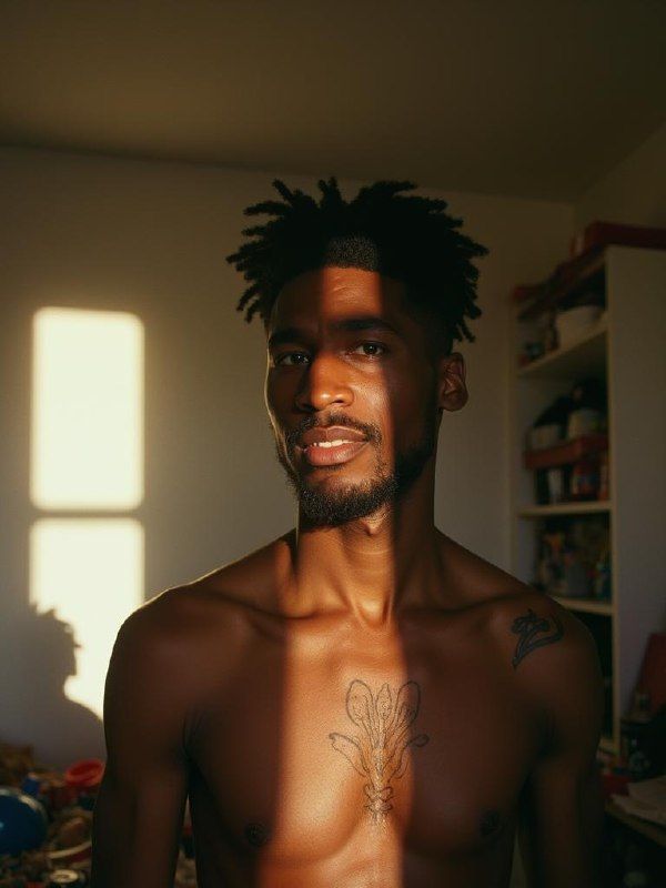 A man with a stylish hairstyle poses in warm, natural light, showcasing his tattoo and the play of shadows on his skin.