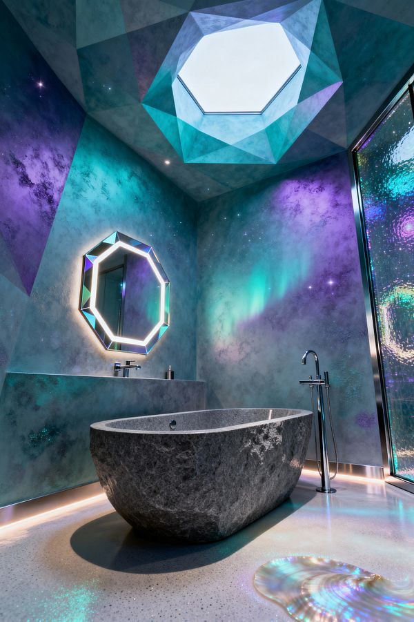 Bathroom featuring a rough-carved gray stone freestanding tub on speckled terrazzo flooring, illuminated by linear LEDs at the baseboards and a polygonal skylight overhead. Walls display teal-to-violet cosmic gradients, an octagonal backlit mirror with iridescent edges, a minimalist concrete vanity, a polished chrome floor-mounted tub filler, and a textured iridescent glass shower panel; a pearlescent shell-like accent glows on the floor.