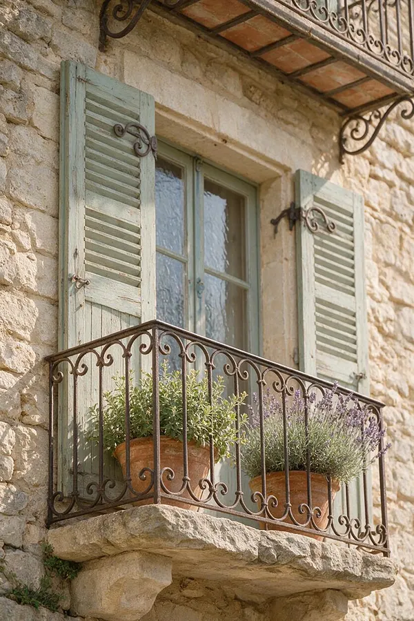 A French Country stone exterior features a small balcony with ornate wrought iron railing, pale weathered blue shutters, and a matching window frame. Two terracotta pots filled with greenery and lavender sit on the stone ledge, adding softness to the rustic facade.