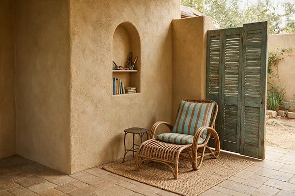 A Mediterranean-style backyard patio with textured stucco walls, a built-in arched niche holding a few books and small objects, and weathered green shutter doors opening to the outside. A woven rattan lounge chair with striped cushions sits on a natural jute rug beside a small metal side table, all on a stone paver floor.
