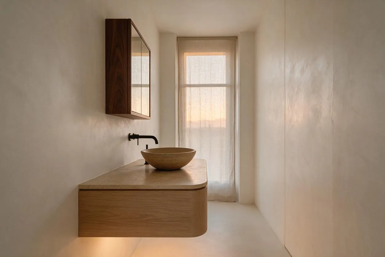 A narrow Japandi-style bathroom with smooth white walls, a floating light wood vanity, and a round stone vessel sink. A dark wall-mounted faucet and matching wood mirrored cabinet add contrast, while a sheer curtain filters warm natural light from the window.