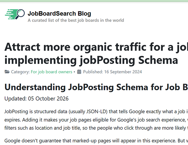 Blog article from JobBoardSearch discussing how to attract more organic traffic by implementing jobPosting Schema.