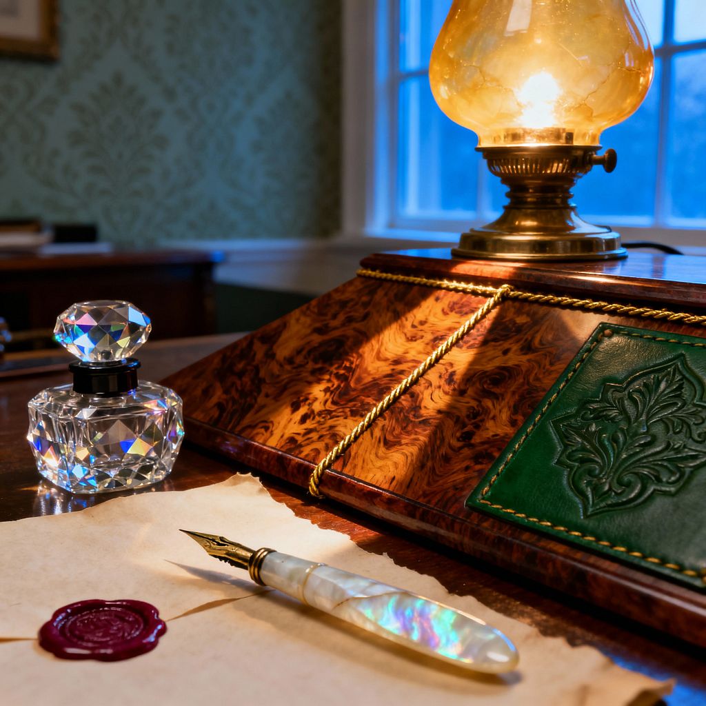 A close-up of a Victorian-style writing desk shows a polished burl-wood blotter with gilt rope trim and a green tooled leather panel, lit by a brass lamp with an amber glass globe. Beside a cut-crystal inkwell rests parchment sealed with burgundy wax and a mother-of-pearl dip pen, with green damask wallpaper, white wainscoting, and a window softly visible in the background.