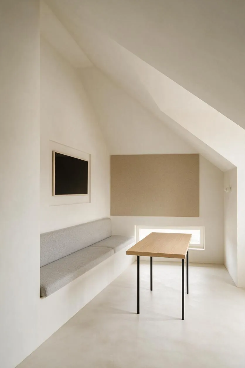 A minimalist game room with sloped white ceilings, a built-in light gray upholstered bench along the left wall, a small wood-top table with black metal legs in the center, a wall-mounted black screen, and a large beige acoustic panel on the back wall. The room is finished in soft neutral tones with daylight entering through a low window.