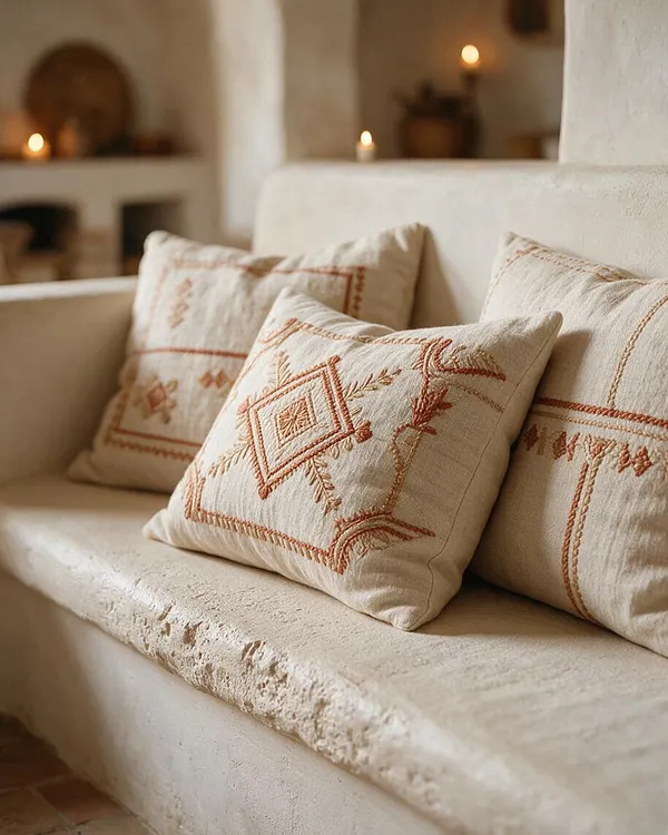 A cozy Mediterranean-style seating nook with a built-in plaster bench and three cream linen cushions embroidered in warm terracotta patterns. Soft candlelight glows in the blurred background, emphasizing the rustic textures and calm, earthy atmosphere.