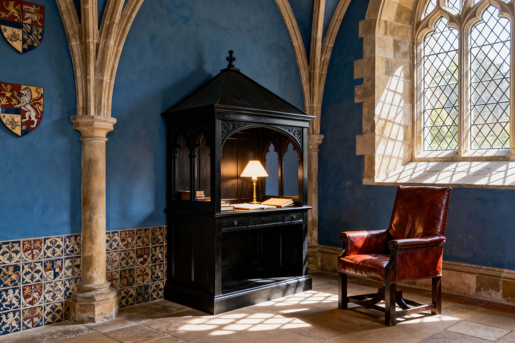 A Gothic-style study features cobalt blue plaster walls, limestone columns with ribbed arches, and a leaded arched window casting diamond-patterned light across stone floors. A black canopy-like writing cabinet with pointed-arch tracery holds a brass table lamp and scattered books. Nearby, an oxblood leather armchair with nailhead trim faces the desk, while heraldic encaustic tiles and shield plaques add medieval detail. Warm lamp light mixes with soft daylight.