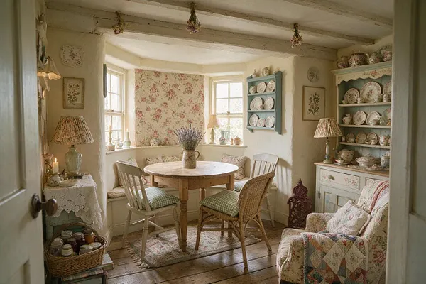 A cozy cottagecore dining room with a round wooden table, mixed chairs, and a built-in corner bench beneath two bright windows. Floral wallpaper, painted shelves filled with china, lace accents, and soft green and cream tones create a romantic, collected feel.