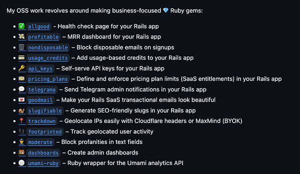 Screenshot of a GitHub Gist showing a Ruby file snippet defining a list of popular Ruby gems with names, URLs, and descriptions.