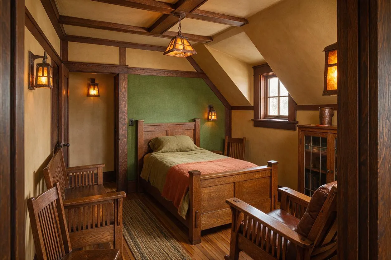 A cozy Craftsman-style guest bedroom with a wooden bed centered against a green accent wall, flanked by warm wall sconces. Exposed ceiling beams, sloped ceilings, and matching wood chairs and side furniture create a rich, handcrafted look.