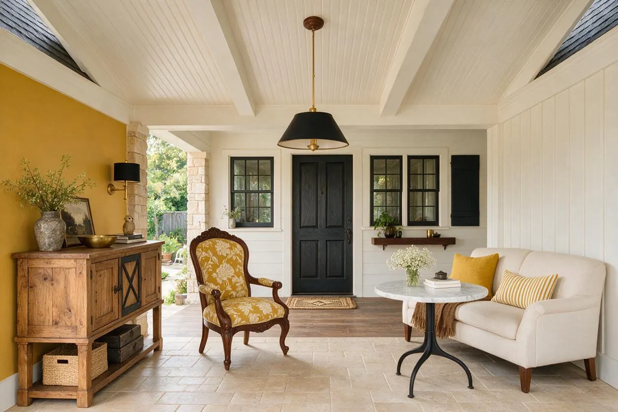 A covered front porch with a white paneled ceiling, black front door, and black-trimmed windows. The space mixes a mustard accent wall, rustic wood cabinet, cream sofa with yellow pillows, a carved armchair, and a marble-topped pedestal table for an inviting eclectic look.
