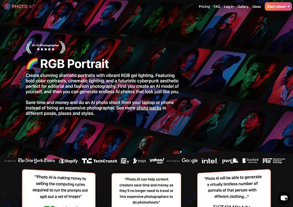 The image promotes an AI photography service specializing in vibrant RGB portraits.