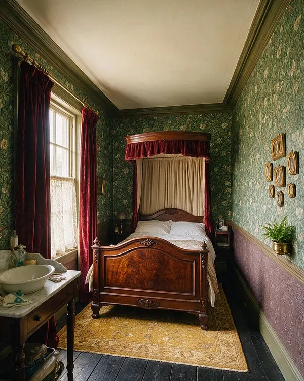 A narrow Victorian guest bedroom with green floral wallpaper, burgundy velvet curtains, and a polished dark wood canopy bed centered against the back wall. A marble-topped washstand with a basin sits by the window, while framed oval artwork and a patterned rug add to the antique atmosphere.