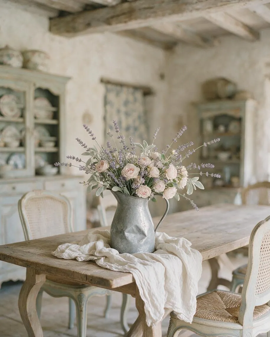 A French Country dining room features a weathered wooden table topped with a galvanized metal pitcher filled with pale pink roses and lavender stems. Soft white fabric is draped around the vase, and painted cane-back chairs and a distressed cabinet complete the airy, rustic setting.