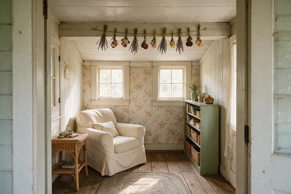 A narrow cottagecore sunroom with white-painted wood walls and ceiling, two small windows, and floral wallpaper at the back. The room features a cream slipcovered armchair, a wicker side table, a sage-green shelf filled with baskets and books, and dried flowers strung across the ceiling.
