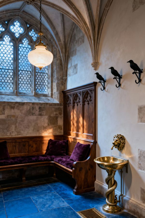 A compact mudroom in Gothic style with ribbed stone vaults and a pointed-arch leaded window. An L-shaped carved oak bench with deep purple velvet cushions sits against limewashed ashlar walls. A brass pedestal basin with a lion-head spout and serpent-wrapped stem provides water, while three black raven-shaped iron hooks line the wall. An opal glass globe pendant hangs above slate-blue stone floor tiles and a small brass floor grille.