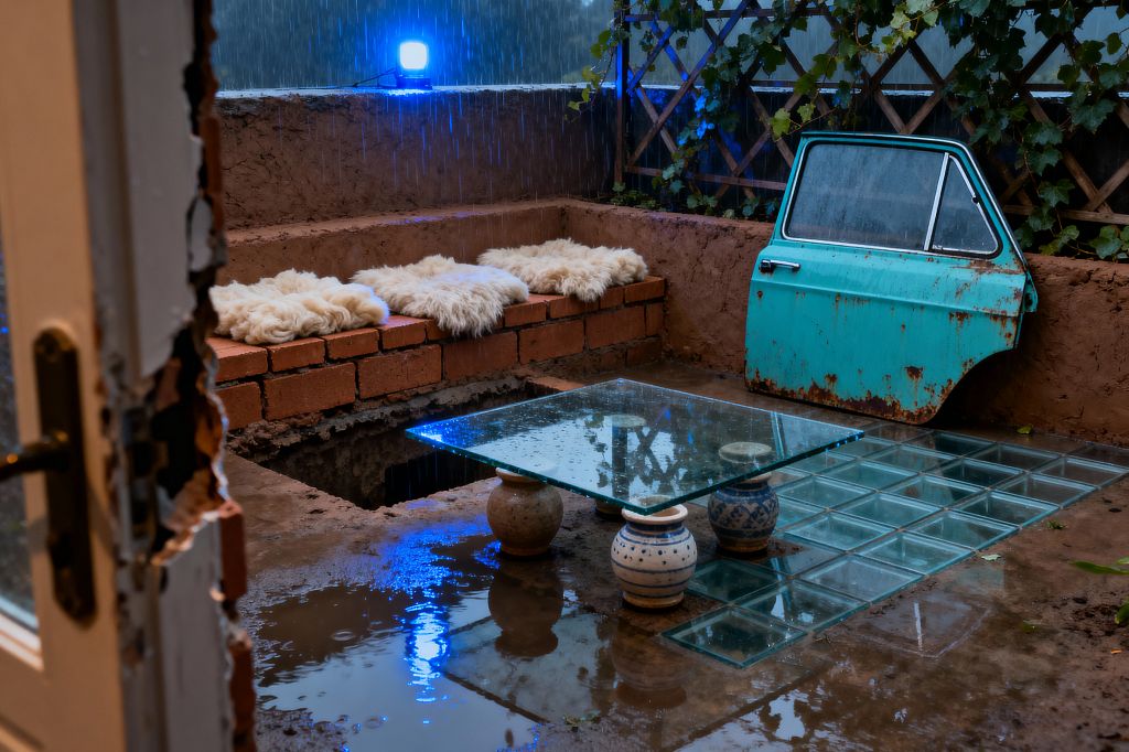 A rain-drenched patio shows a bench built from stacked red bricks topped with cream sheepskin throws, enclosed by rough clay-plastered walls. A rusted turquoise car door is mounted as decor. A square glass coffee table rests on ceramic pots, partly over a grid of glass-block flooring. Puddles mirror a bright blue work light while a vine-covered trellis lines the back wall, and a crumbling doorway frames the scene in the foreground.