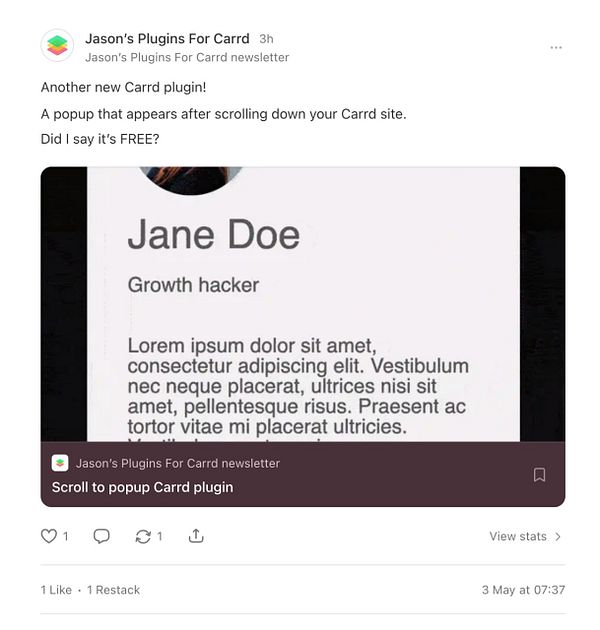 A promotional post about a new Carrd plugin featuring a popup display.