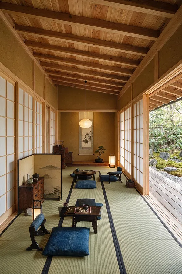 A tranquil Japanese Zen-style front porch with tatami mat flooring, sliding shoji screens, exposed wood ceiling beams, and low floor seating with blue cushions. A hanging paper lantern, calligraphy scroll, and garden view create a calm, natural atmosphere.