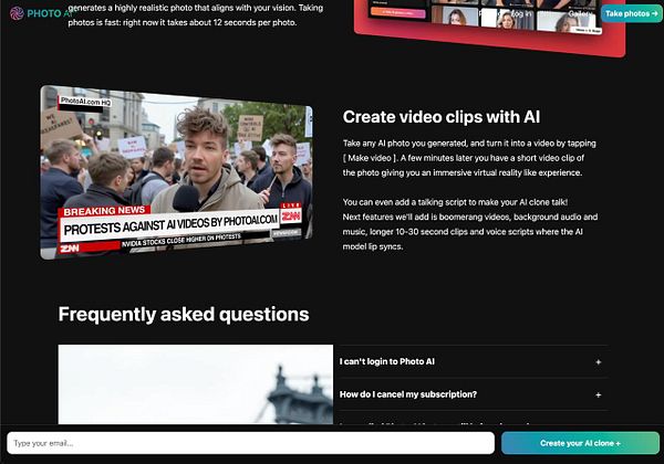 A news segment displays a protest against AI videos, featuring a reporter and demonstrators holding signs.