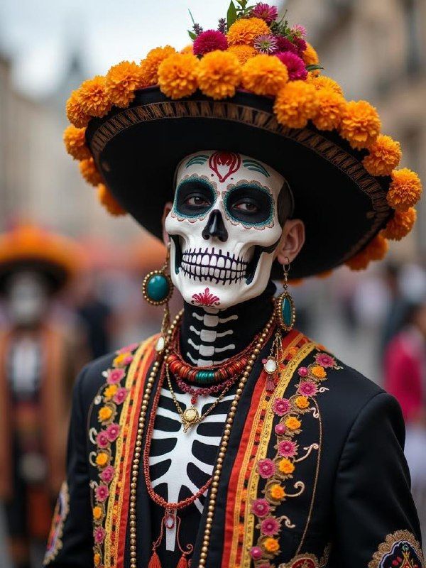 A person dressed in traditional Day of the Dead attire stands prominently in a festive setting.