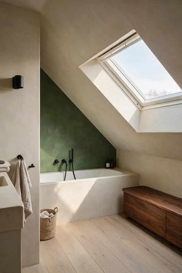 A serene attic bathroom with a white freestanding tub set against a muted green feature wall beneath a sloped ceiling and skylight. The room includes a warm wood floating vanity, pale wood flooring, black matte fixtures, and woven storage for a calm, natural look.