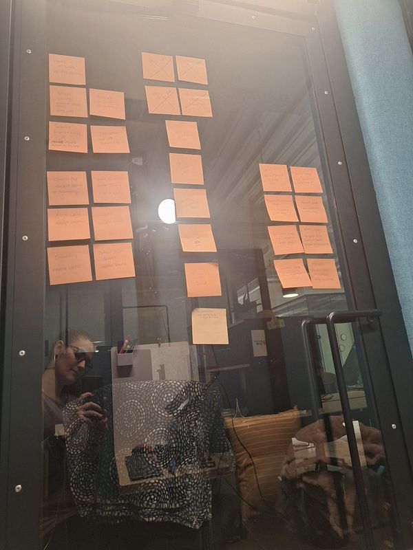A collection of orange sticky notes displaying tasks is arranged on a glass booth door.
