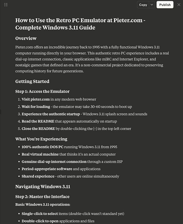 The image displays a detailed guide on using a retro PC emulator for Windows 3.11 at Pieter.com.