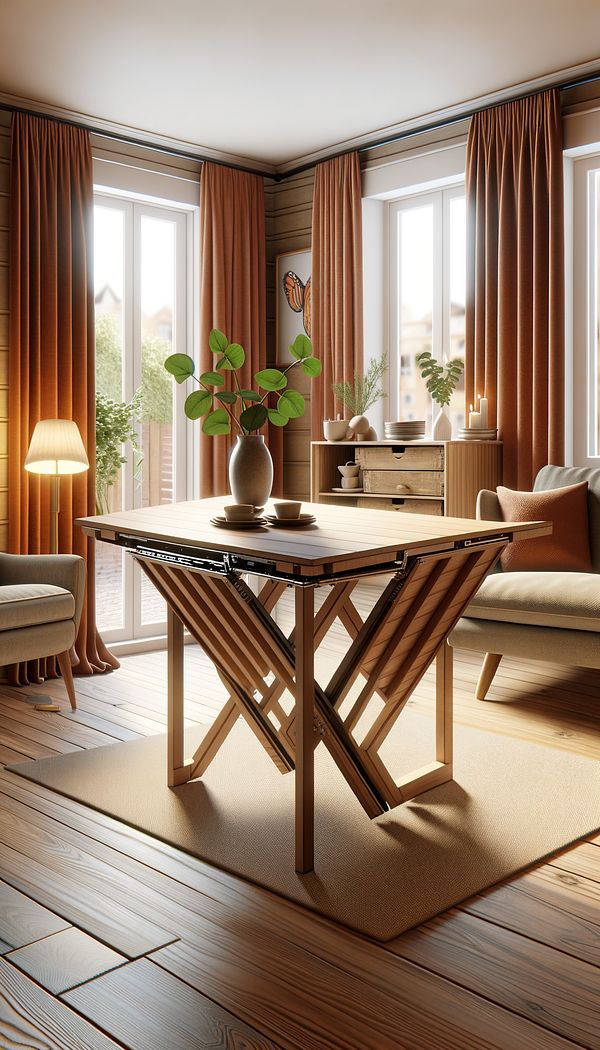 A cozy dining space with a wooden Butterfly Table at the center. The table is partially extended, with one leaf up and the other stored underneath, showing the versatile design against a backdrop of warm, inviting interior decorations.