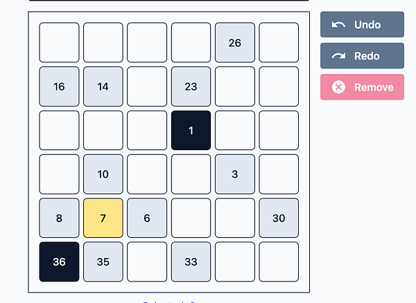 A Hidoku puzzle grid with various numbers filled in and several interface buttons.