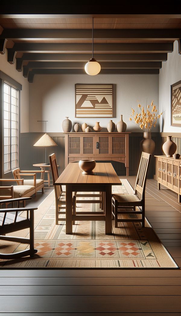 A living room featuring Mission Style furniture including a sturdy oak table, straight-backed chairs, and a sideboard, all showcasing minimal decoration. The room is complemented by handwoven textiles and a pottery vase, reinforcing the style's emphasis on craftsmanship.