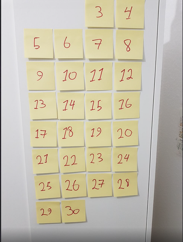 A grid of yellow sticky notes displaying numbers from 1 to 30.