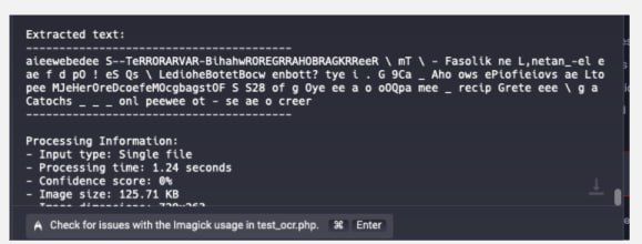 The image displays a screenshot of an OCR (Optical Character Recognition) output with extracted text and processing information.